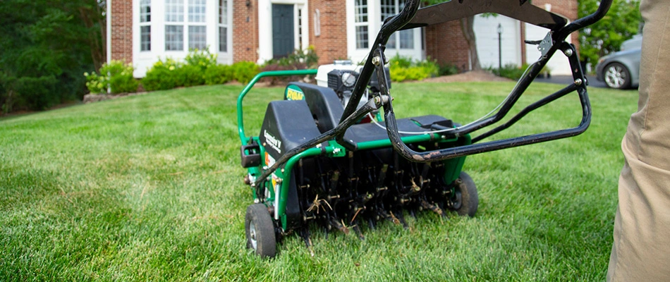 Core aeration being performed on Mississauga residential lawn as part of spring lawn care